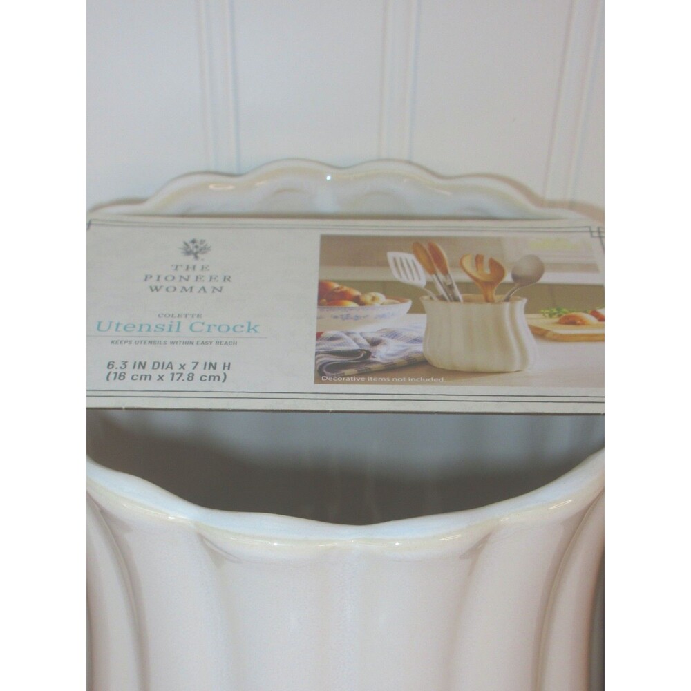Pioneer Woman Colette Stoneware Utensil Holder White Scalloped Farmhouse Crock - Picture 5 of 11